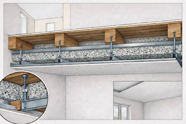 Dettaglio costruttivo per insonorizzare soffitto: isolante tra travetti in legno e controsoffitto metallico sospeso.