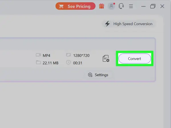 nsv. A video file, MP4, 22.11 MB, 1280x720 resolution, 00:31 duration, is ready to convert.