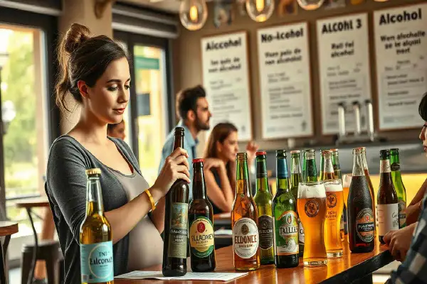 Donna incinta sceglie una birra analcolica in un locale con diverse opzioni.