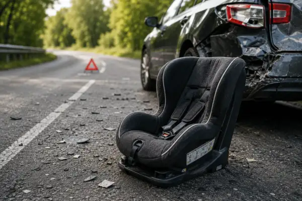 Ein Kindersitz liegt neben einem stark beschädigten Auto am Straßenrand. Ein Warndreieck ist auf der Straße zu sehen. Ein trauriger Anblick nach einem Unfall.