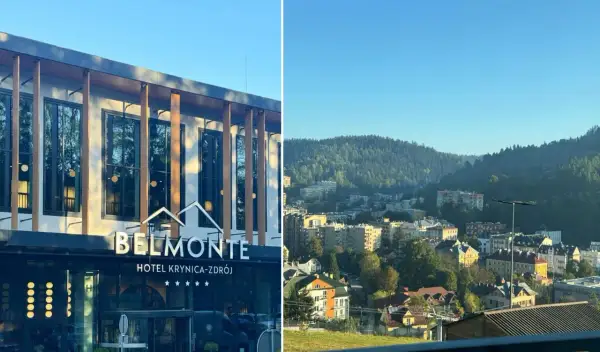 Nowoczesny hotel Belmonte w Krynicy-Zdroju z widokiem na górskie miasteczko.