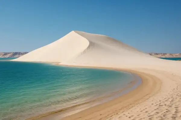 La majestueuse dune blanche de Dakhla rencontre les eaux turquoise d'un lagon paisible, sous un ciel d'un bleu éclatant.