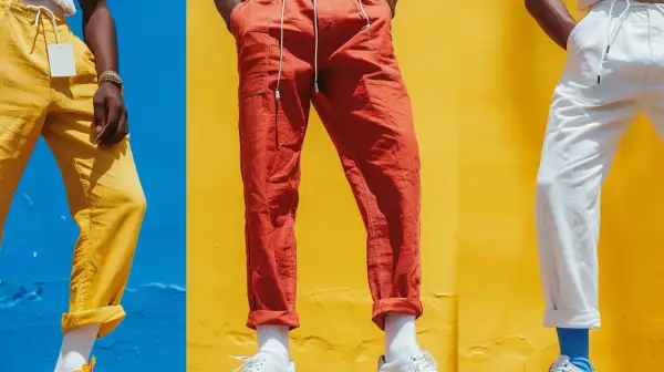 Tre män visar upp sina linnebyxor outfit herr i färgerna gult, orange och vitt mot en färgglad bakgrund.