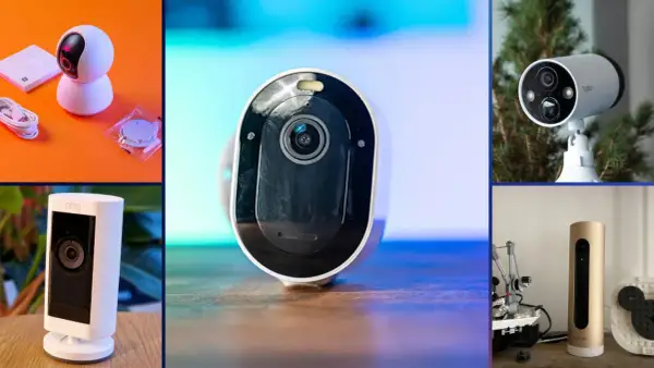 Collection de caméras intelligentes : une caméra rotative blanche, une caméra de sécurité Ring, une caméra extérieure Tapo et une caméra Netatmo dorée.