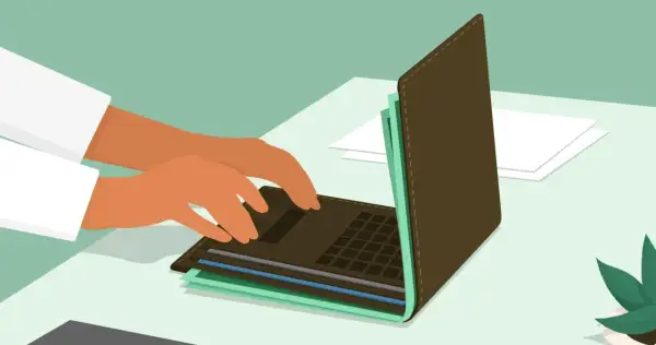 Ręce piszą na laptopie, który wygląda jak portfel z pieniędzmi. Tworzenie najlepiej zarabiających blogów wymaga pracy i strategii.