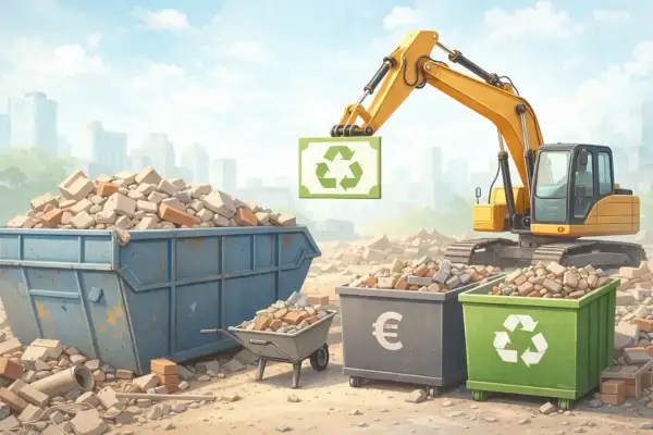 Bagger hebt Recycling-Symbol über Bauschutt. Container für Bauschutt entsorgen und Geld symbolisieren.