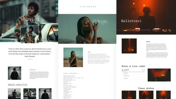 Artist website featuring photos, quotes, and an EPK (Electronic Press Kit) for Balistreri, showcasing their music and press.