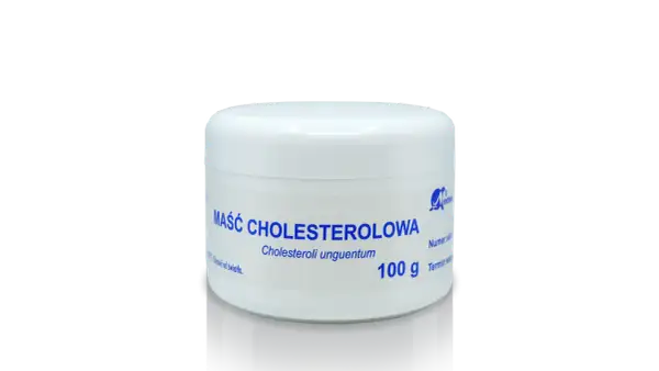 Biały słoiczek z niebieskim napisem "MAŚĆ CHOLESTEROLOWA" i informacją o wadze 100 g.