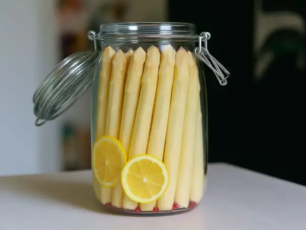 Ein Glas mit weißem Spargel und Zitronenscheiben, bereit zum Spargel fermentieren.
