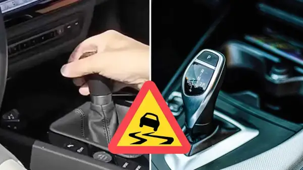 Vänster bild visar en hand som växlar manuellt, höger en automatisk växelspak. Varning för halt väglag.