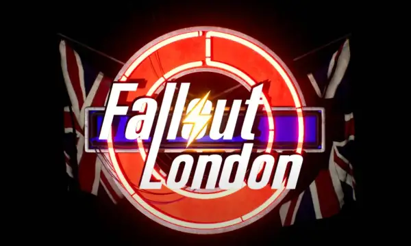 Das Logo "Fallout London" mit britischen Flaggen und einem roten Neonring. Ein Blitz ziert das Wort "Fallout".