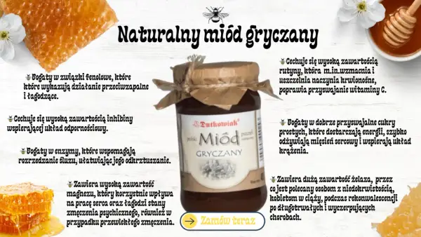Naturalny miód gryczany – jaki miód najzdrowszy? Bogaty w fenole, rutynę, enzymy i magnez, wspiera odporność i krążenie.