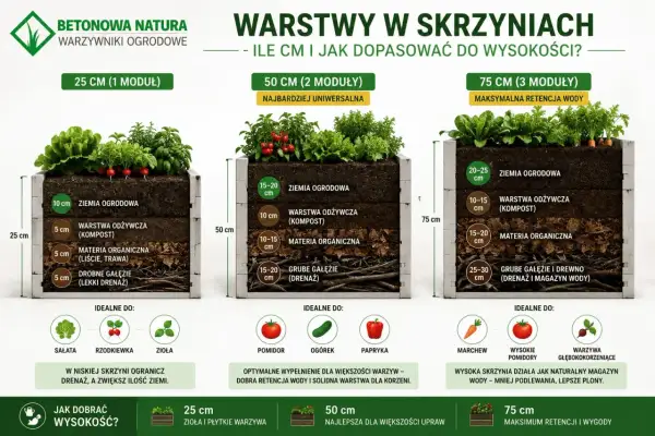 Warstwy w skrzyniach: ziemia, kompost, materia organiczna, gałęzie. Dowiedz się, czym wypełnić podwyższone grządki, by zapewnić optymalne warunki dla roślin.