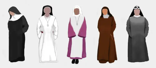 Fünf Nonnen in unterschiedlichen Gewändern und mit verschiedenen nonnen kopfbedeckung.