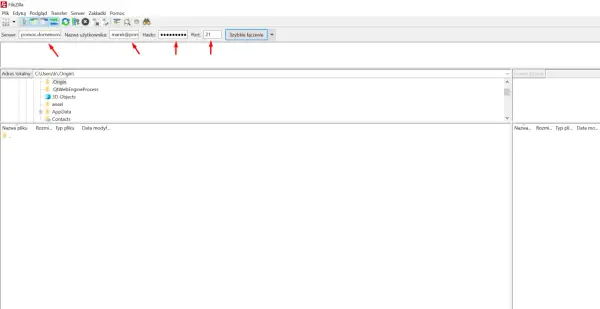 FileZilla: okno programu do szybkiego łączenia z serwerem. Wpisz dane logowania, by połączyć się z serwerem.