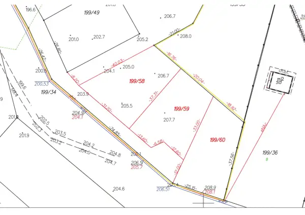Plan podziału działki 199/58, 199/59, 199/60. Widoczne granice, wymiary i punkty wysokościowe.