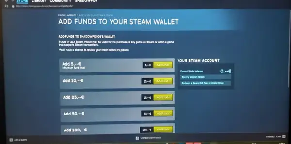 Ekran Steam z opcjami dodawania środków do portfela: 5, 10, 25, 50, 100 euro.