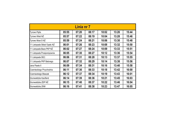 Rozkład jazdy linia 7 Pruszków: odjazdy z Tyrowa Pętla o 05:55, 07:20, 08:17, 10:02, 13:26, 15:44.