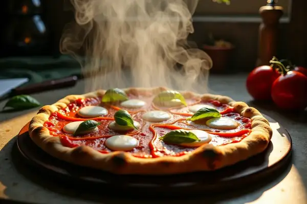 Gorąca pizza margherita z parującym serem i bazylią. Czy pizza jest lekkostrawna? Ta wygląda apetycznie!