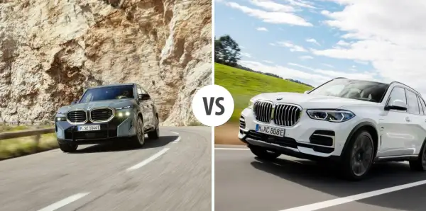 Szary BMW XM na skalistej drodze kontra biały BMW X5 na zielonym wzgórzu.