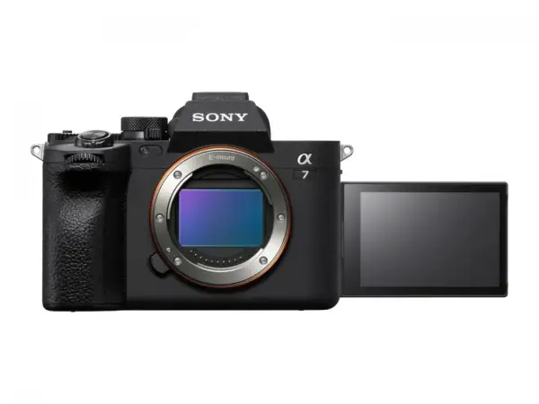 Czarny aparat bezlusterkowy Sony Alpha 7 z wysuniętym ekranem. Idealny do tworzenia rankingu aparatów bezlusterkowych.