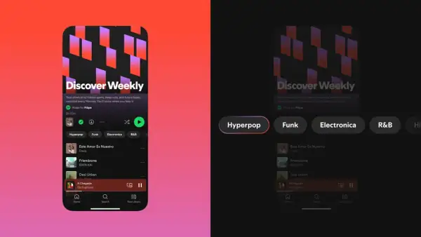 Spotify's Discover Weekly playlist, showcasing new music genres like Hyperpop, Funk, and Electronica.