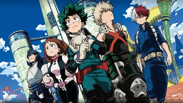 Helden aus My Hero Academia Staffel 8 stehen vor futuristischen Gebäuden. Deku, Bakugo und Todoroki sind prominent vertreten.