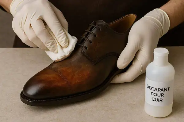 Mains gantées appliquant un produit pour nourrir chaussure cuir naturellement. Un flacon de décapant pour cuir est à côté.