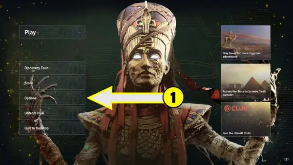 Menu główne gry z opcją "Play", nawiązujące do klimatu Assassin's Creed 1 spolszczenie. Widoczna postać w staroegipskim stroju.