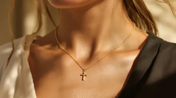 Un delicado collar de oro con crucifijos colgantes adorna el cuello de una mujer, iluminado por la luz del sol.