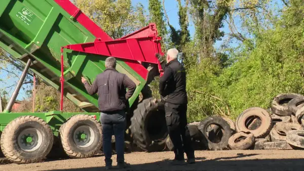 Deux hommes supervisent le déchargement d'une remorque verte remplie de pneus usagés, une étape clé du recyclage des pneus.