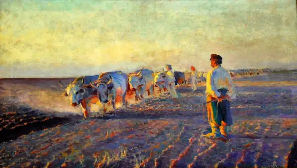 Leon Wyczółkowski: orka wołami na tle zachodzącego słońca. Jedno z jego najważniejszych obrazów.