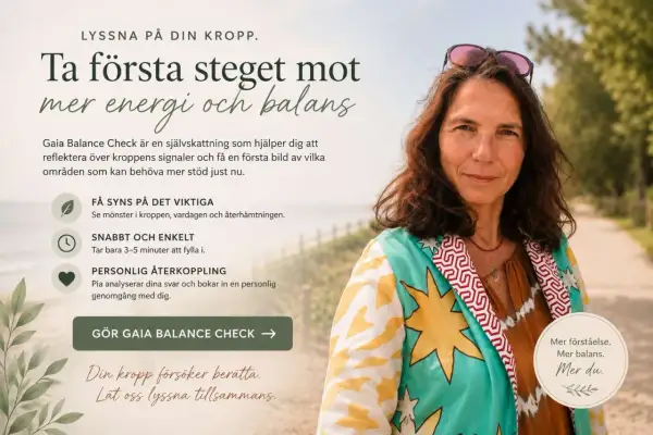 Få mer energi och balans med friskvårdsbidrag tips. En kvinna ler mot kameran, med text om kroppens signaler och självskattning.
