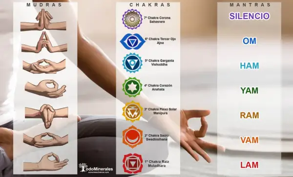 Ilustraciones de mudras, chakras y mantras en español. Guía para la meditación y el equilibrio energético.