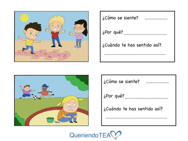 Actividad para trabajar la empatía: niños jugando y uno triste. Preguntas para reflexionar sobre sentimientos.
