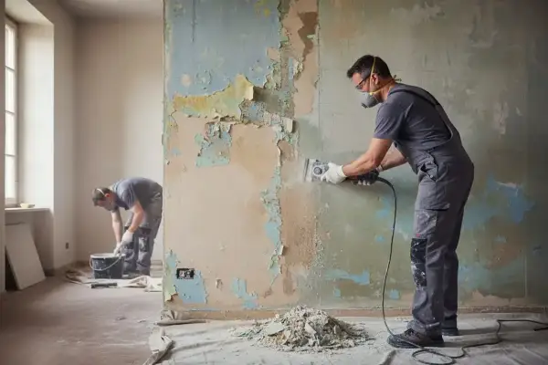 Operai al lavoro per rimuovere vecchi strati di pittura e preparare il muro per un nuovo intonaco rasato.