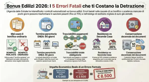 Errori comuni sui bonus edilizi: bonifico parlante, scadenze ENEA, tracciabilità pagamenti, residenza e conservazione documenti per un condominio residenziale.