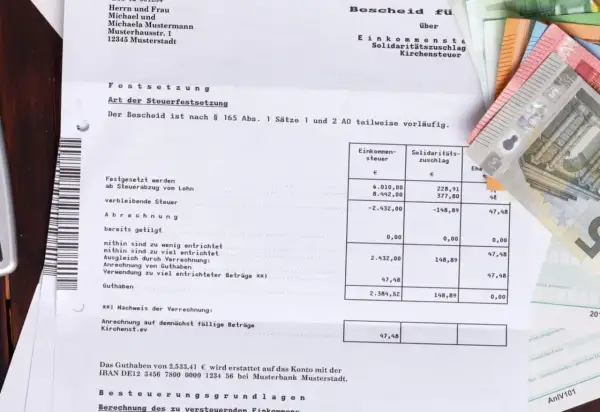 Steuerbescheid mit Geldscheinen. Eine Ratenzahlung ans Finanzamt ist hier nicht direkt ersichtlich, aber das Thema Steuern ist präsent.