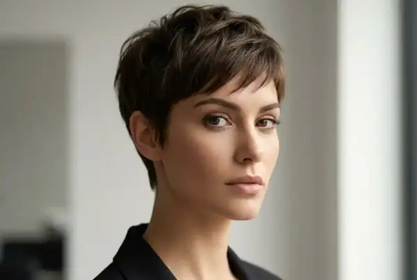 Kobieta z brązowymi włosami w fryzurze pixie cut, która podkreśla jej rysy. Idealna dla odważnych i pewnych siebie.