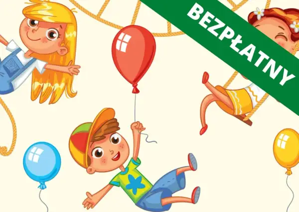Wesołe dzieci z balonami i linami, idealne do pobrania jako darmowe karty pracy na dzień dziecka.