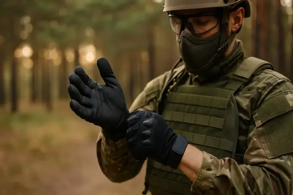 Jugador de airsoft HPA se pone guantes tácticos, listo para la acción en el bosque.