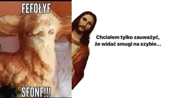 Wesoło memy wielkanoc: Jezus wychyla się zza obrazka, by zauważyć, że widać smugi na szybie, a obok baranek z chleba z napisem "ŚFONF!!!".