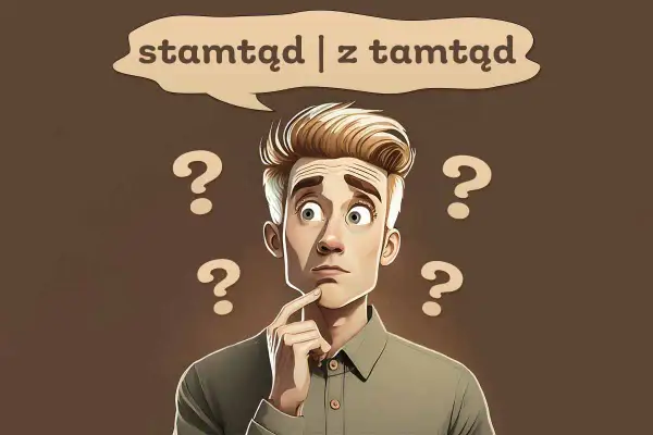 Zastanawia się, stamtąd czy z tamtąd? Wokół niego unoszą się znaki zapytania, podkreślając jego dylemat.