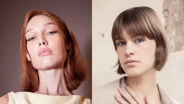 Due modelle con caschetto al mento: una con capelli rossi e trucco audace, l'altra con capelli castani e look naturale.