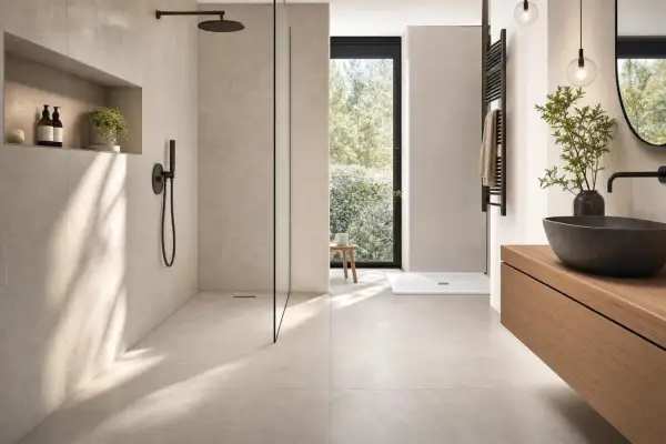 Aménagement douche moderne avec paroi en verre, niche murale et robinetterie noire. Un espace épuré et lumineux.