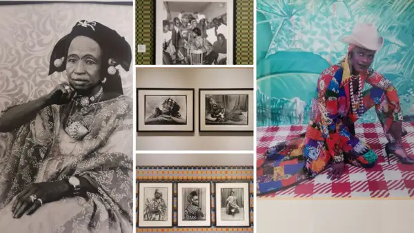 Ritratti di persone in Sudafrica, tra cui una donna anziana con gioielli elaborati e una figura colorata con un cappello da cowboy.
