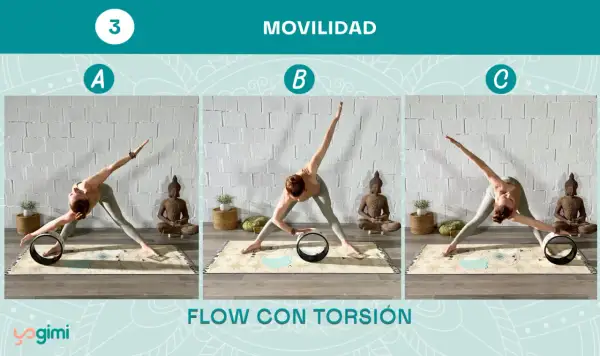 Secuencia de yoga con rueda para movilidad y torsión. Posturas A, B y C con una mujer en un estudio.