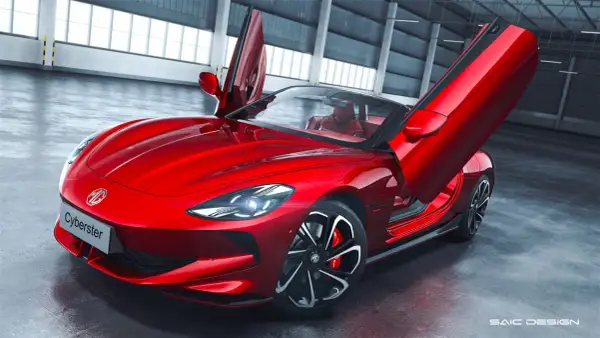 MG Cyberster rojo con puertas de mariposa abiertas. ¿Qué marca es? Un deportivo futurista.