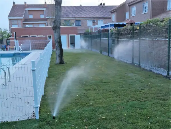 Aspersores riegan césped recién plantado junto a una piscina. Es el momento ideal para saber cuándo es mejor regar el césped y asegurar su crecimiento.