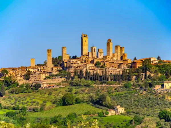 San Gimignano z wieżami, otoczone zielonymi wzgórzami Toskanii, gdzie dojrzewają winogrona na wino Vernaccia di San Gimignano.